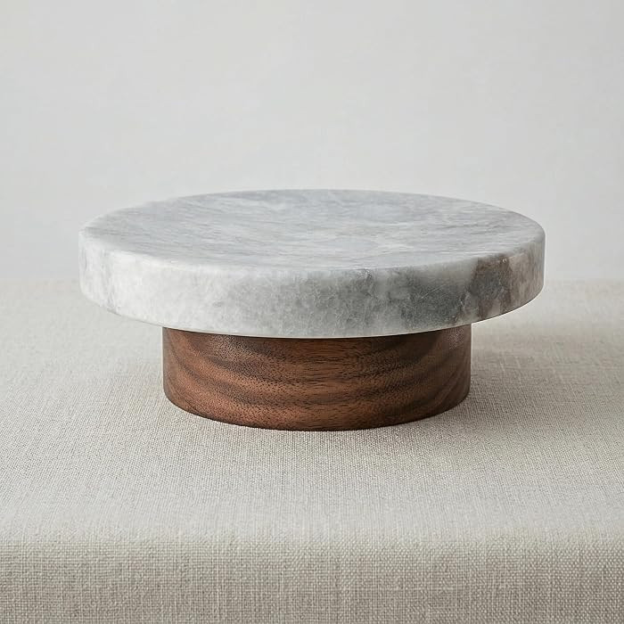 astavohome White Marble & Walnut Round Pedestal Display Riser, 4.7 x 2 in | Amazon (US)