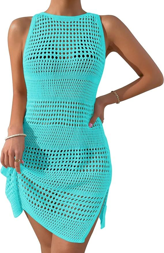 Micoson Womens Swimsuit Crochet Cover Up Sleeveless Summer Hollow Out Bathing Suit Backless Side ... | Amazon (US)
