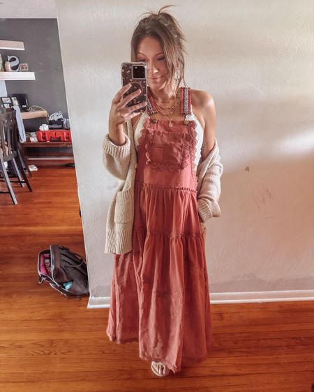 Free People vibes but like… on a mama of 5 budget without losing QUALITY 

I’m obsessed with this Amazon find! The overalls styled dress screams boho when you add a cute lace bralette under & a little cardigan & nude sandals 

Accessories make it even better 🌼😍

Boho outfit of the day. Free people vibes. Amazon fashion finds. 

#LTKstyletip #LTKfindsunder100 #LTKworkwear