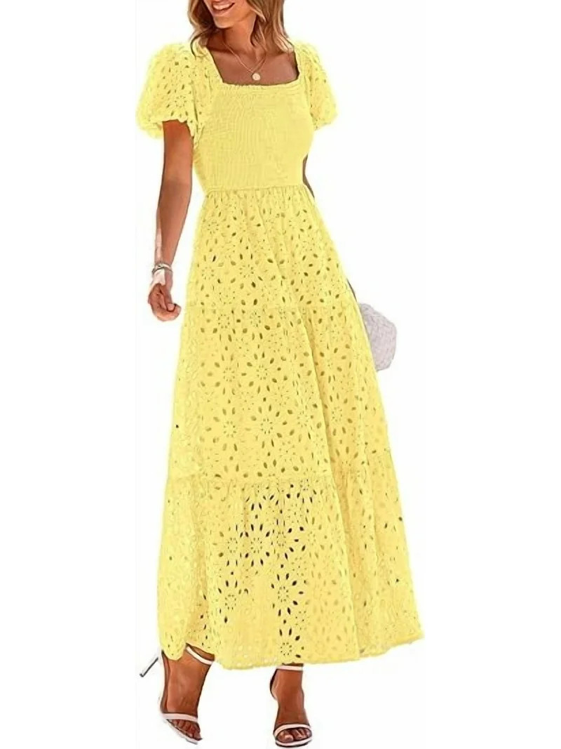 PRETTYGARDEN Summer Dresses for Women Eyelet Square Neck Puff Sleeve Smocked Wedding Guest Maxi D... | Walmart (US)
