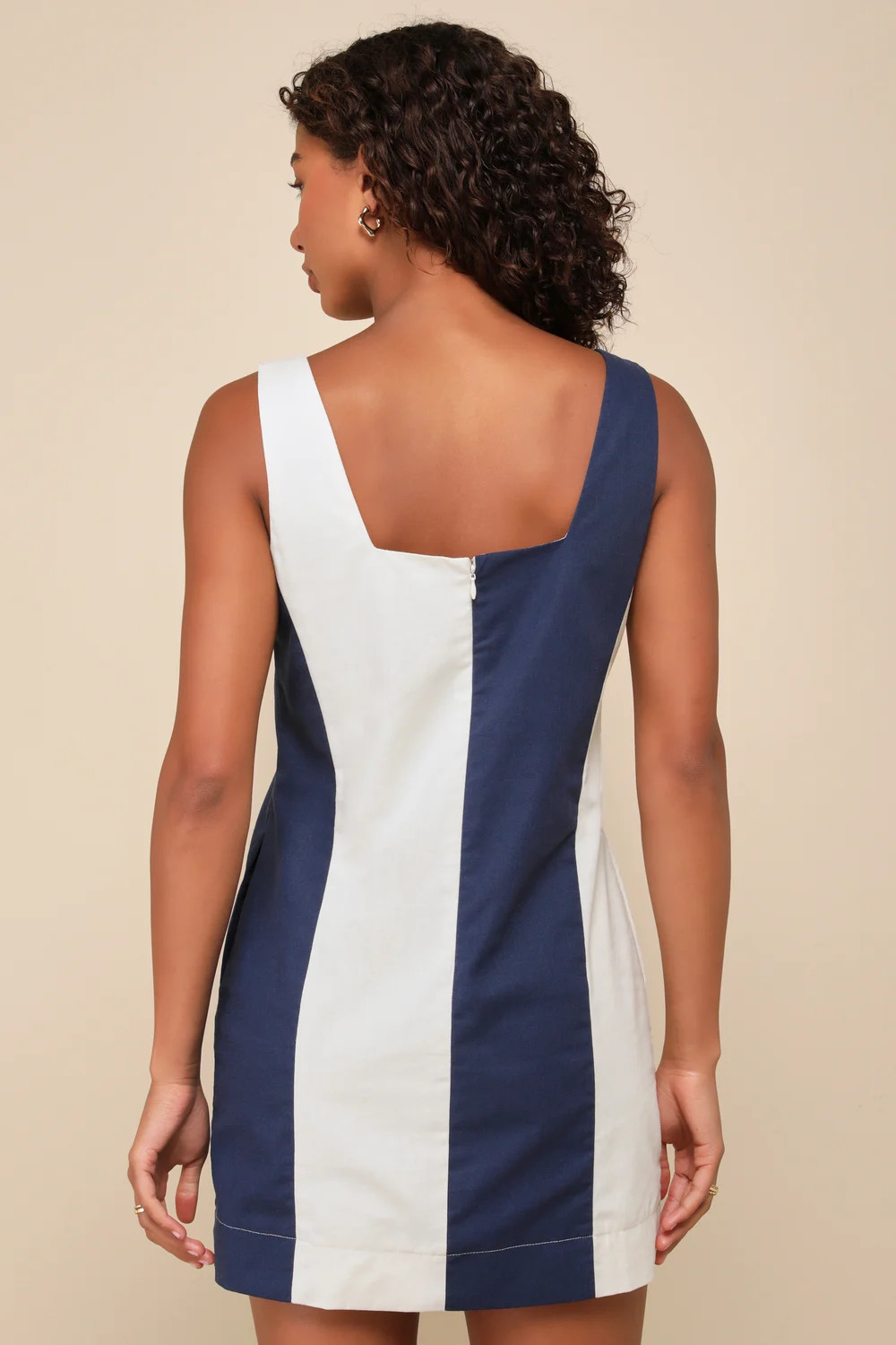 Mod Moves Ivory and Navy Color Block Linen Bodycon Mini Dress | Lulus