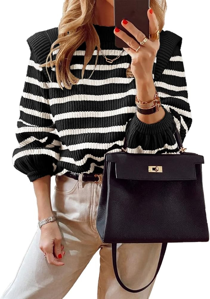 PRETTYGARDEN Women's Sweaters Casual Winter Long Lantern Sleeve Crewneck Ribbed Knit Pullover Str... | Amazon (US)