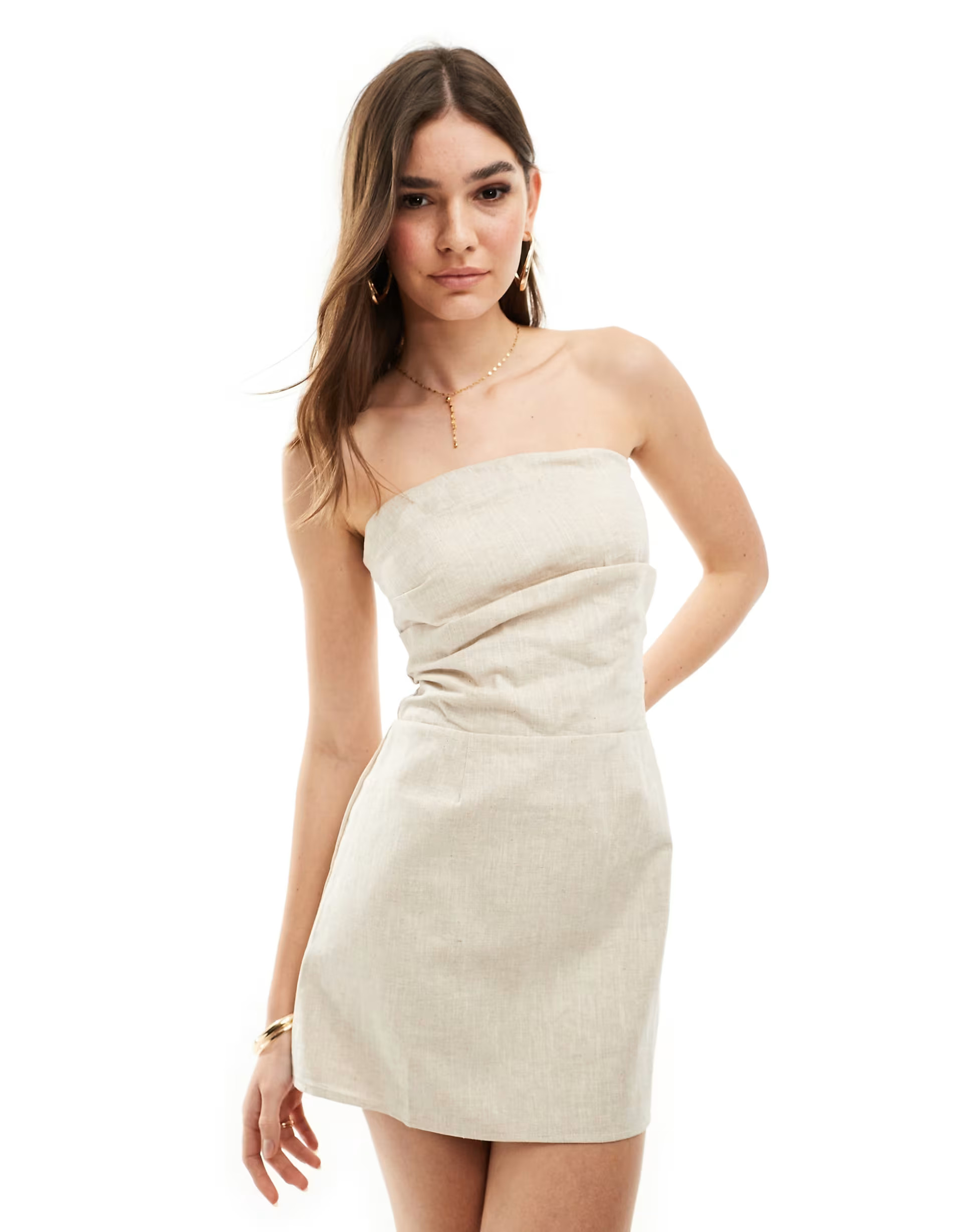 SNDYS linen bandeau ruched detail mini dress in stone | ASOS (Global)