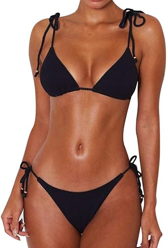 MOOSLOVER Women's Ribbed Tie Bikini Brazilian Cheeky Bottom String Swimsuit | Amazon (US)