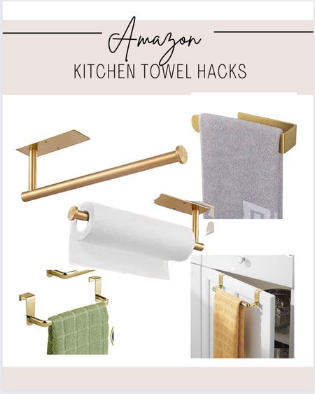 Stylish ways to hang, display and store kitchen towels!  Use the stick on paper towel holder under a cabinet, the dish towel holder on the cabinet doors and stick the mini holder inside a door or on the sides of kitchen or bathroom cabinets for more storage. 