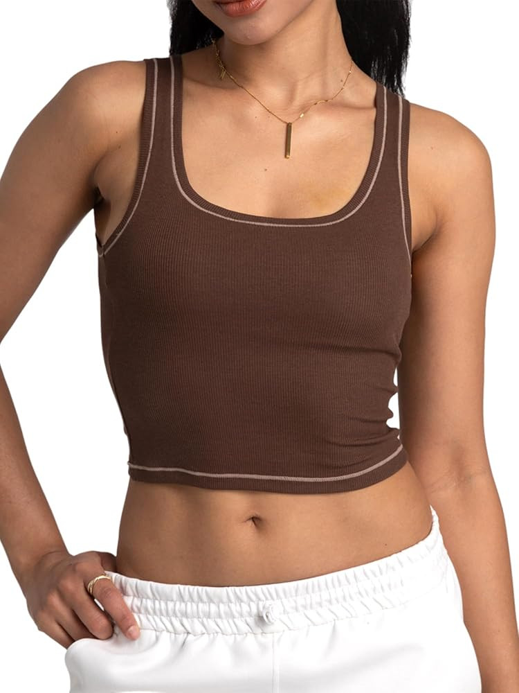 Danysu Women Rib Tank Top Padded Workout Top Square Neck Crop Tank Fitted Basic Cami Tops | Amazon (US)