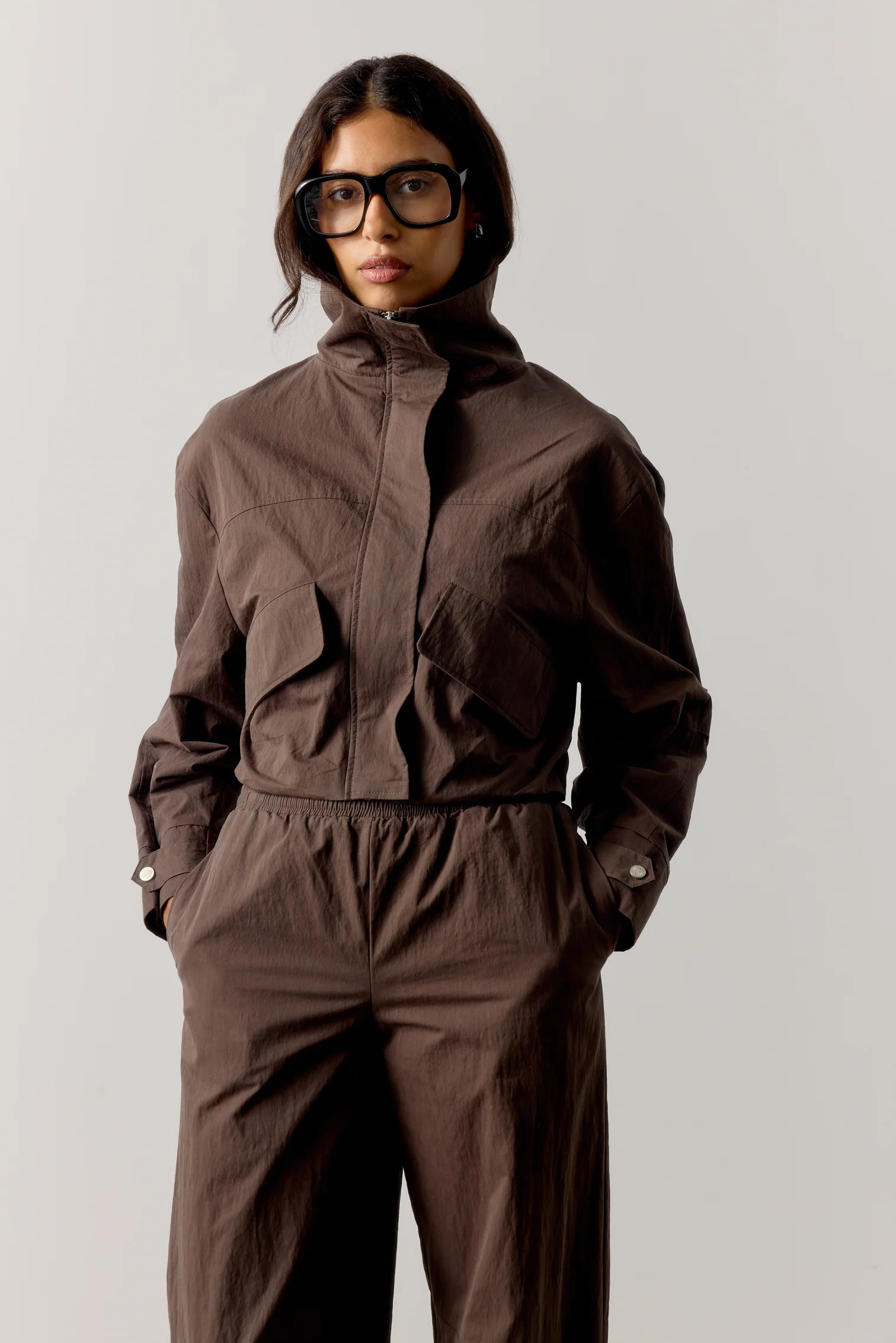 FUNNEL NECK SHELL JACKET - BROWN | The Couture Club