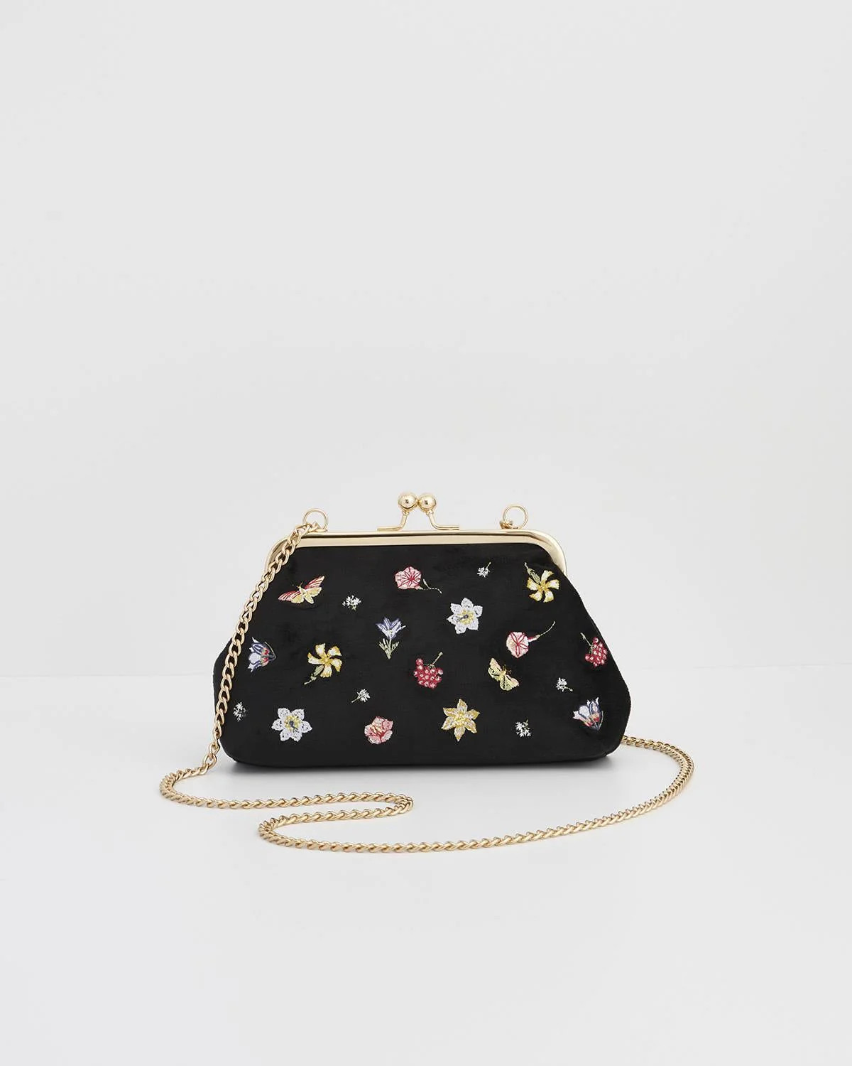 Wolf Garden Ditsy Embroidered Black Velvet Clutch | Fable England