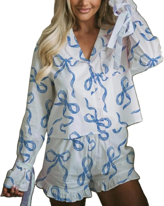 Sastianaen Women Valentine's Day Pajama Set Bow Tie Long Sleeve Shirt and Ruffle Shorts Cute Prin... | Amazon (US)