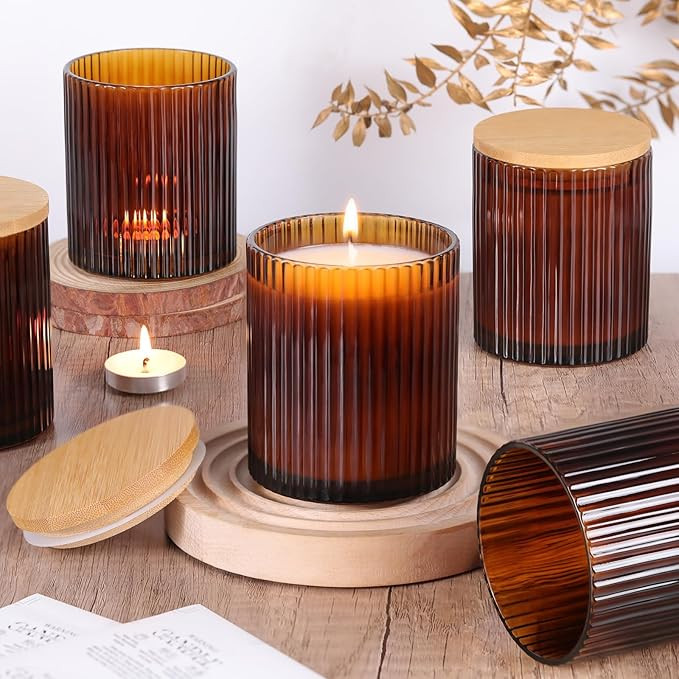 10 OZ Amber Candle Jars for Making Candles Set of 8, Ribbed Glass Candle Jars with Wood Lids and ... | Amazon (US)