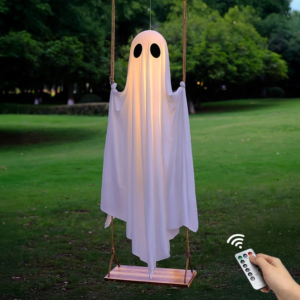 Halloween Decorations Outdoor - 5FT Large Hanging Ghost Swing with Remote Control String Lights &... | Amazon (US)