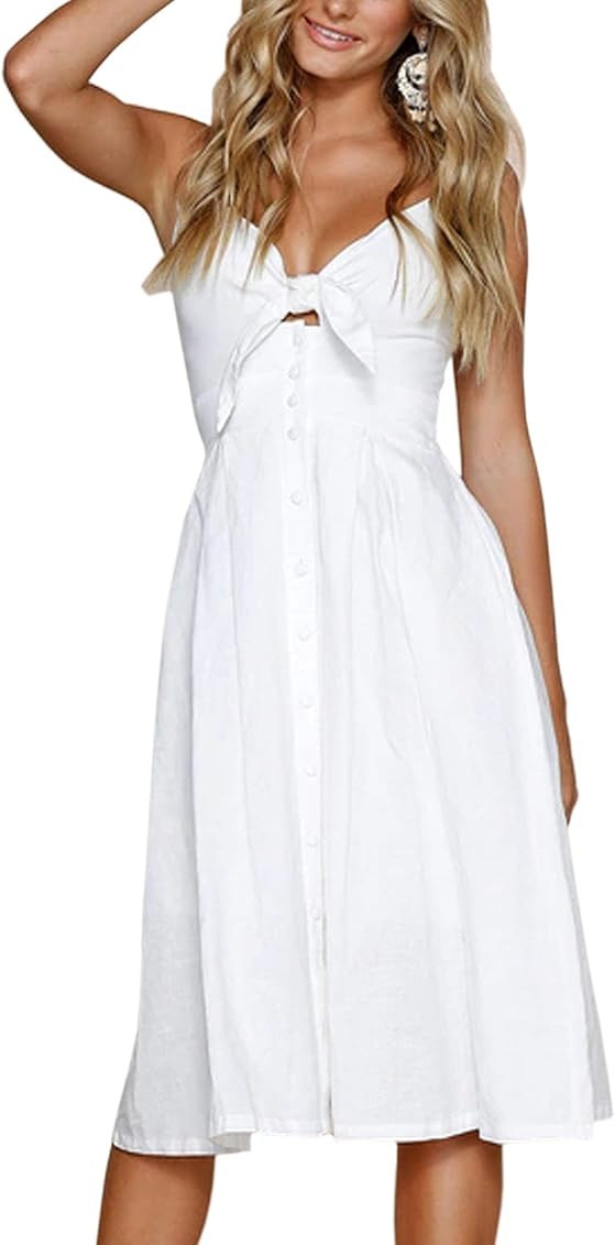 ECOWISH Women Dresses Summer Tie Front V-Neck Spaghetti Strap Button Down A-Line Backless Swing Midi | Amazon (US)