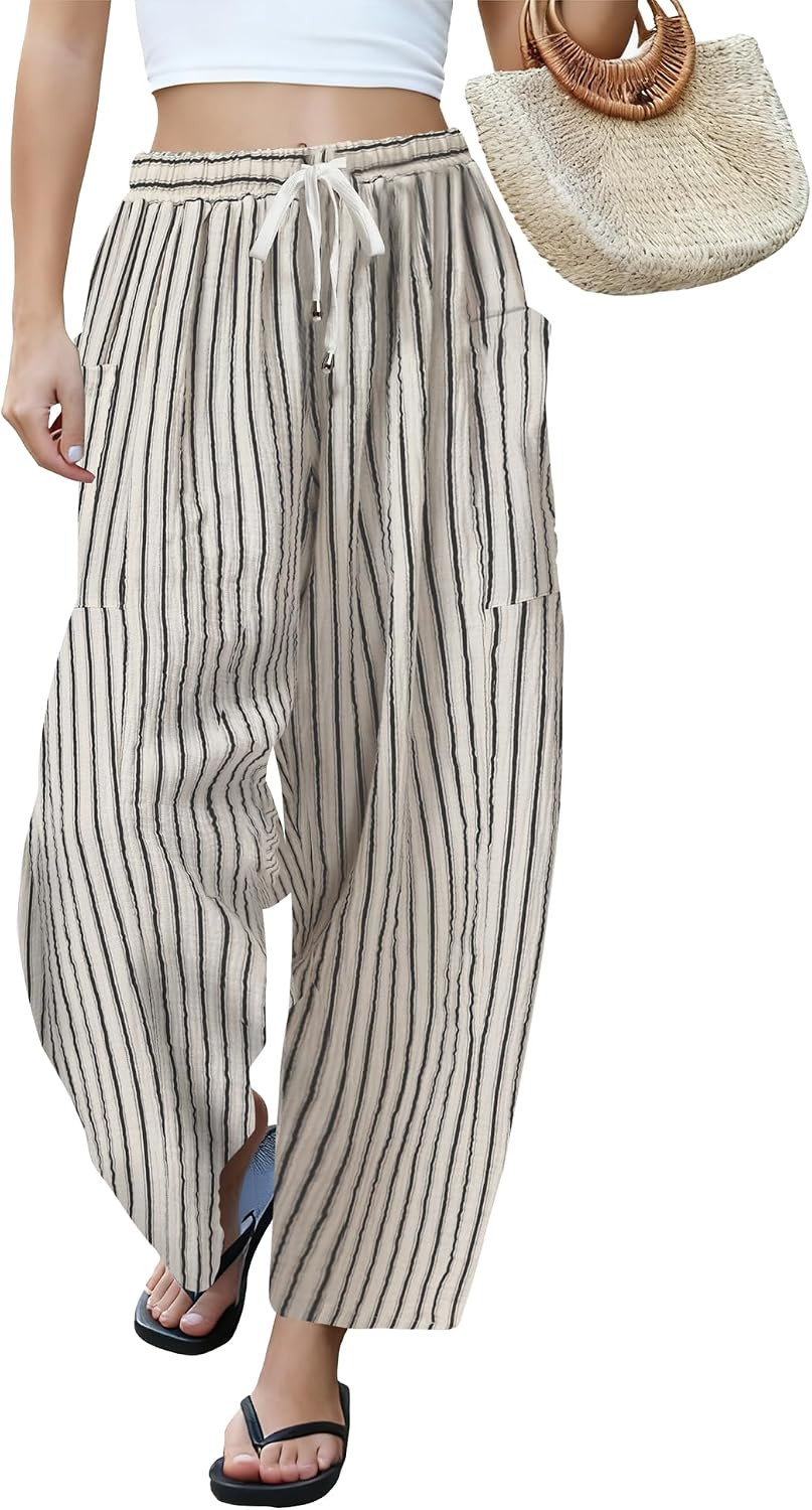 LOMON Womens Wide Leg Linen Pants Casual Drawstring Palazzo Harem Pants | Amazon (US)
