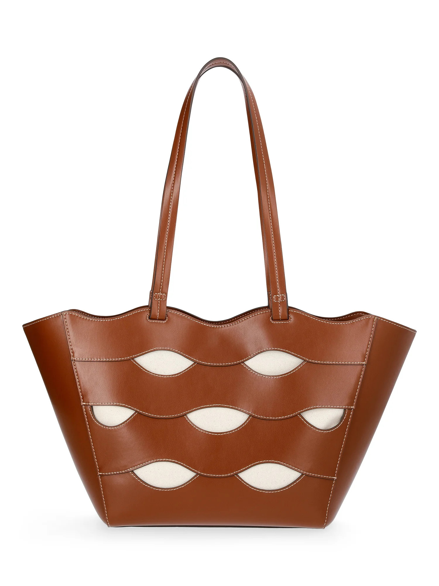Free Assembly Women's Allegra Faux Leather Cut Out Tote Handbag, Cognac/Cream | Walmart (US)