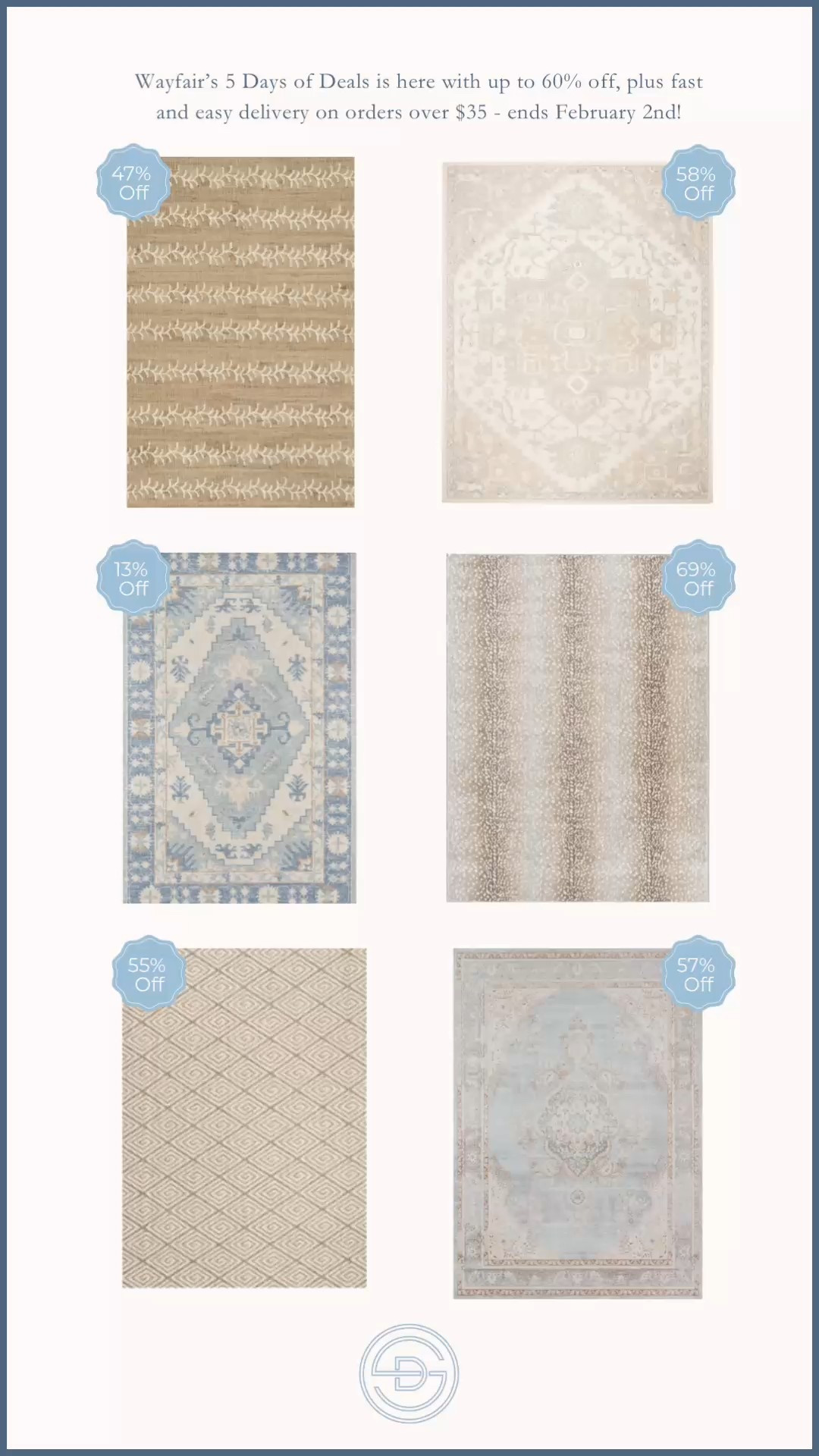 Loving all of these rugs on sale!These rugs are perfect for a living room or bedroom. Shop these picks up to 60% off during Wayfair’s 5 Days of Deals (for 5 days only!). Plus, enjoy fast and easy delivery on orders over $35. Ends February 2nd.

#ad #wayfair #wayfairpartner @wayfair @shop.ltk #liketkit

living room rug | traditional rug | neutral rug | bedroom rug 

#LTKHome #LTKSaleAlert