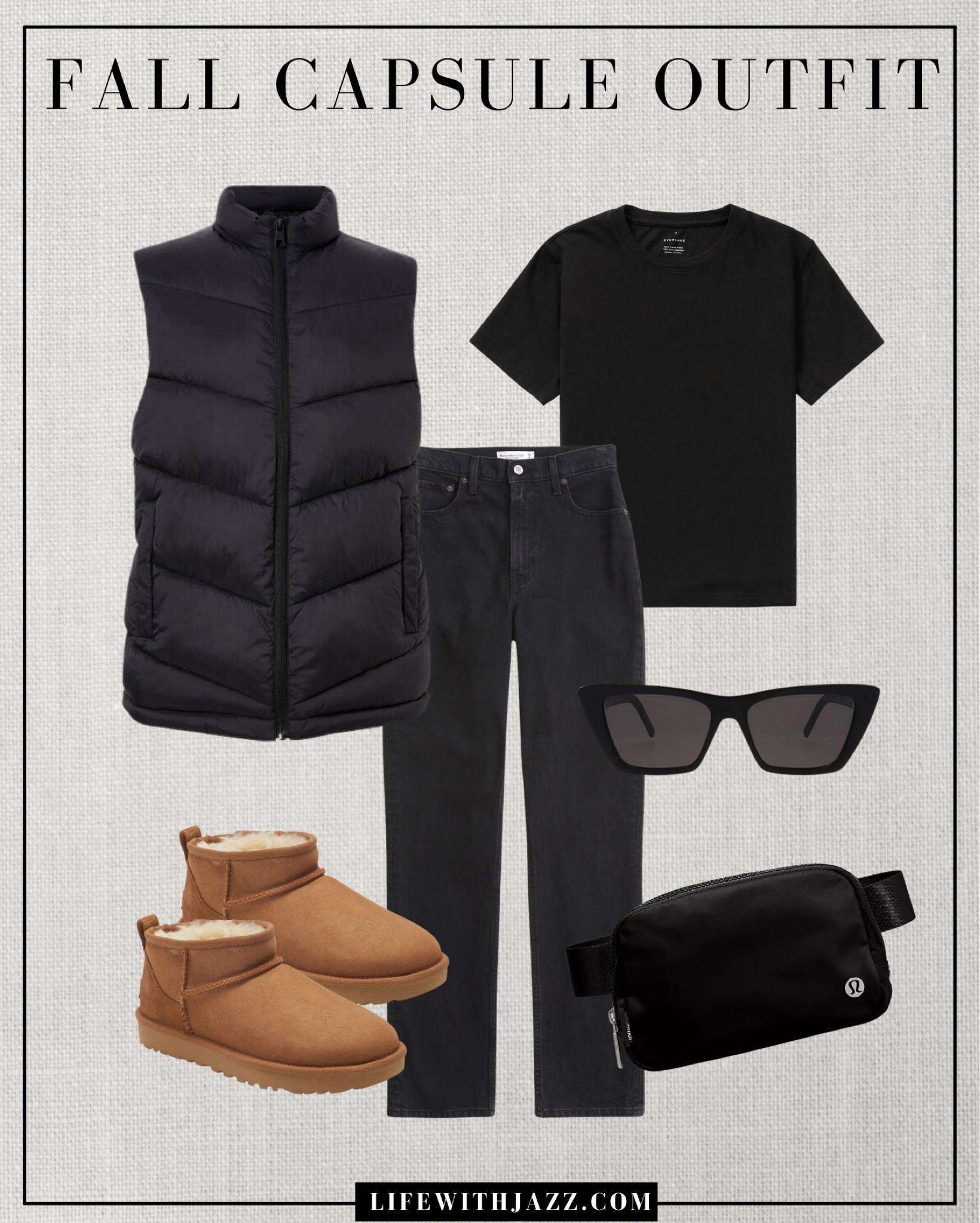 Fall capsule outfit - casual basics 

Comfy vest for layering 
Basic black tee 
High rise straight jeans 
Cat eye sunglasses 
Lululemon belt bag
Ugg boots 

#LTKstyletip #LTKtravel #LTKSeasonal