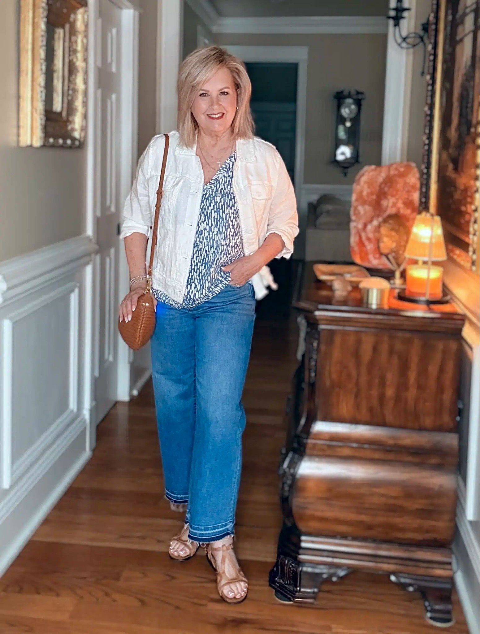 A lightweight linen jacket and wide leg jeans for Summer and Spring. Linen jacket is a size large, tank is a medium and wide leg jeans are a size 8.

#LTKWorkwear #LTKOver40 #LTKootd