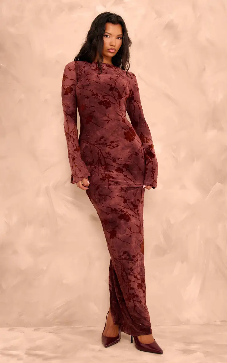 Burgundy Floral Devore Long Sleeve Maxi Dress | PrettyLittleThing US