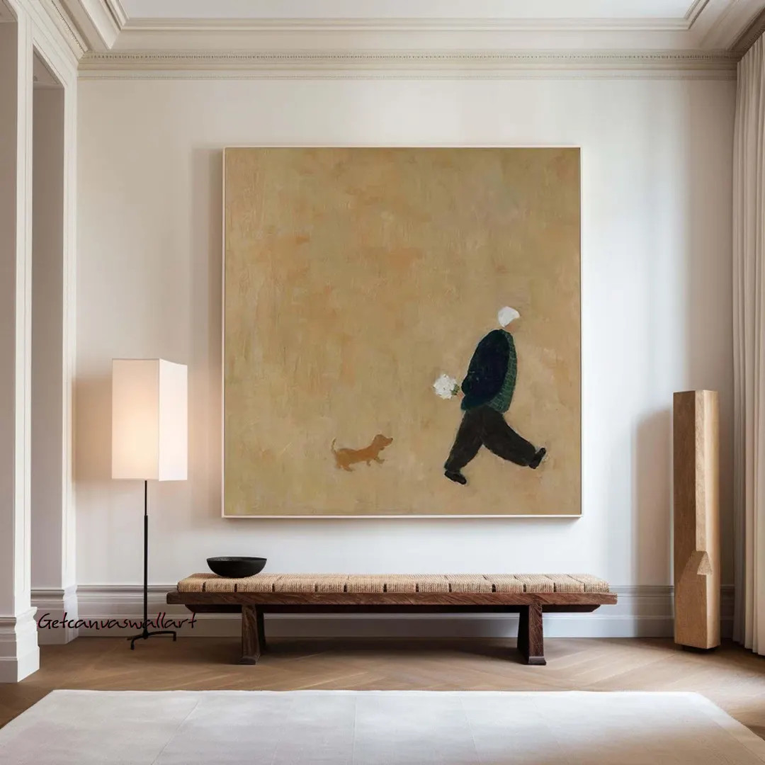 Abstract Papa & Puppy Oil Painting Larg Brown Wall Art Old Man Walking with Dog Neutral Hand-Pain... | Etsy (US)