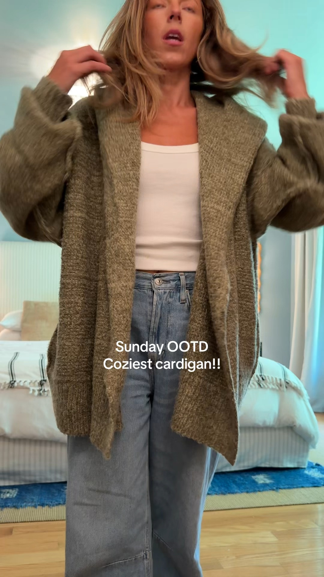 Size medium cardigan (could do small too) size 26 jeans, XS tank