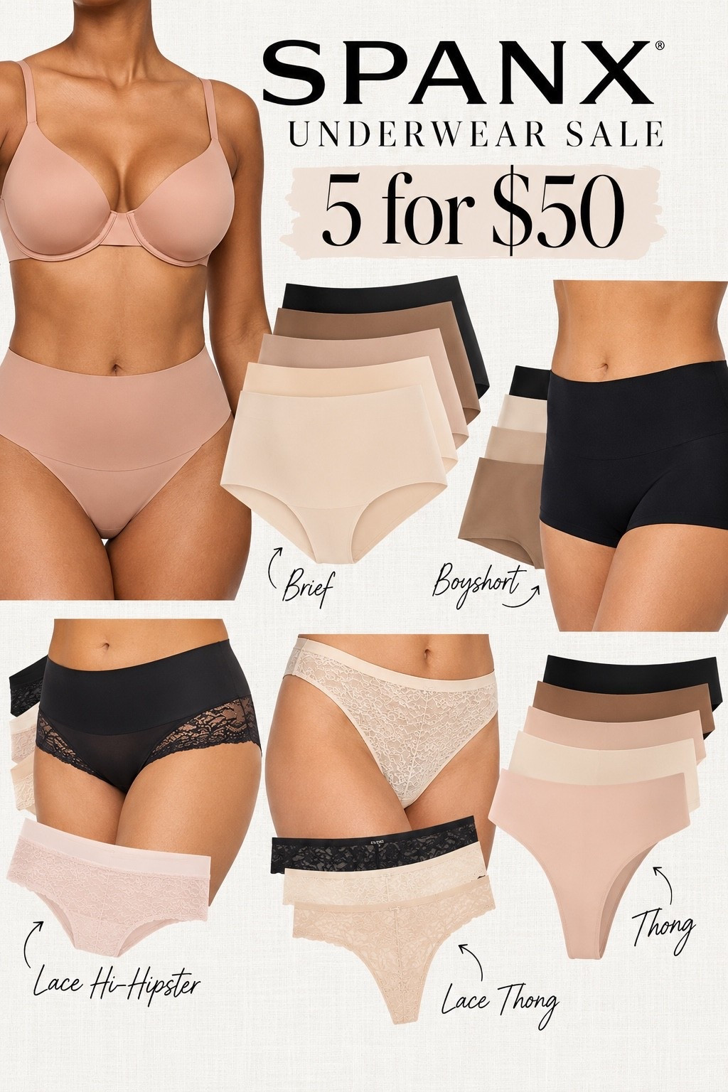 An underwear drawer refresh is officially overdue! SPANX is having a 5 for $50 panty sale, and these are the everyday essentials worth stocking up on. From seamless briefs to lace styles and smoothing boyshorts, there’s something for every outfit. Normally up to $28 each, so this is a great time to grab your favorites!