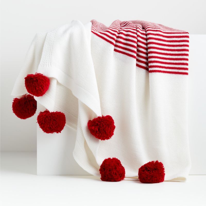 Striped Red Pom Pom Throw + Reviews | Crate and Barrel | Crate & Barrel