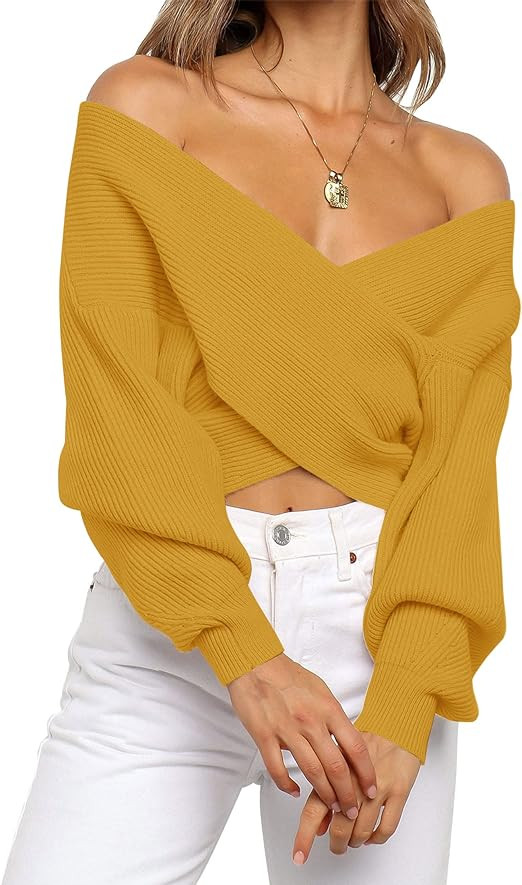 ZCSIA Women's Long Sleeve Wrap V Neck Cross Front Solid Color Casual Off Shoulder Crop Knitted Pu... | Amazon (US)