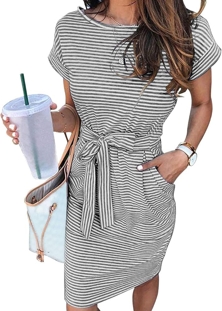 MEROKEETY Women's Summer Striped Short Sleeve T Shirt Dress Casual Tie Waist with Pockets | Amazon (US)
