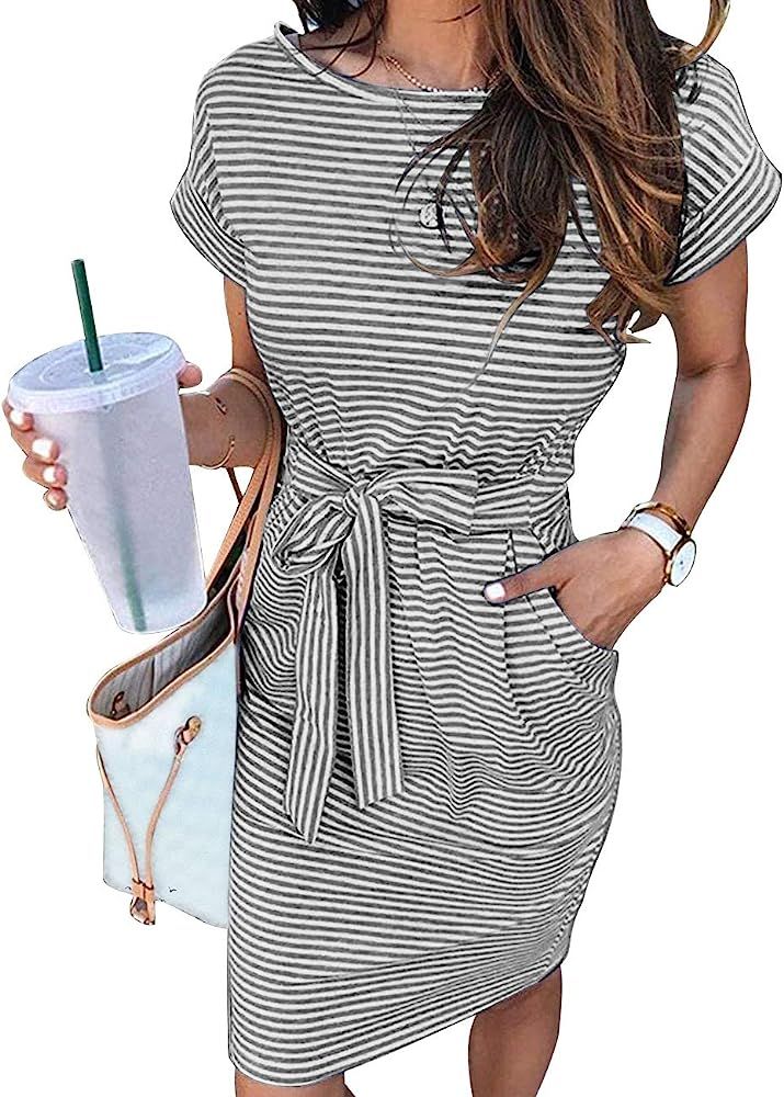 MEROKEETY Women's Summer Striped Short Sleeve T Shirt Dress Casual Tie Waist Midi Dress, Navy, M ... | Amazon (US)