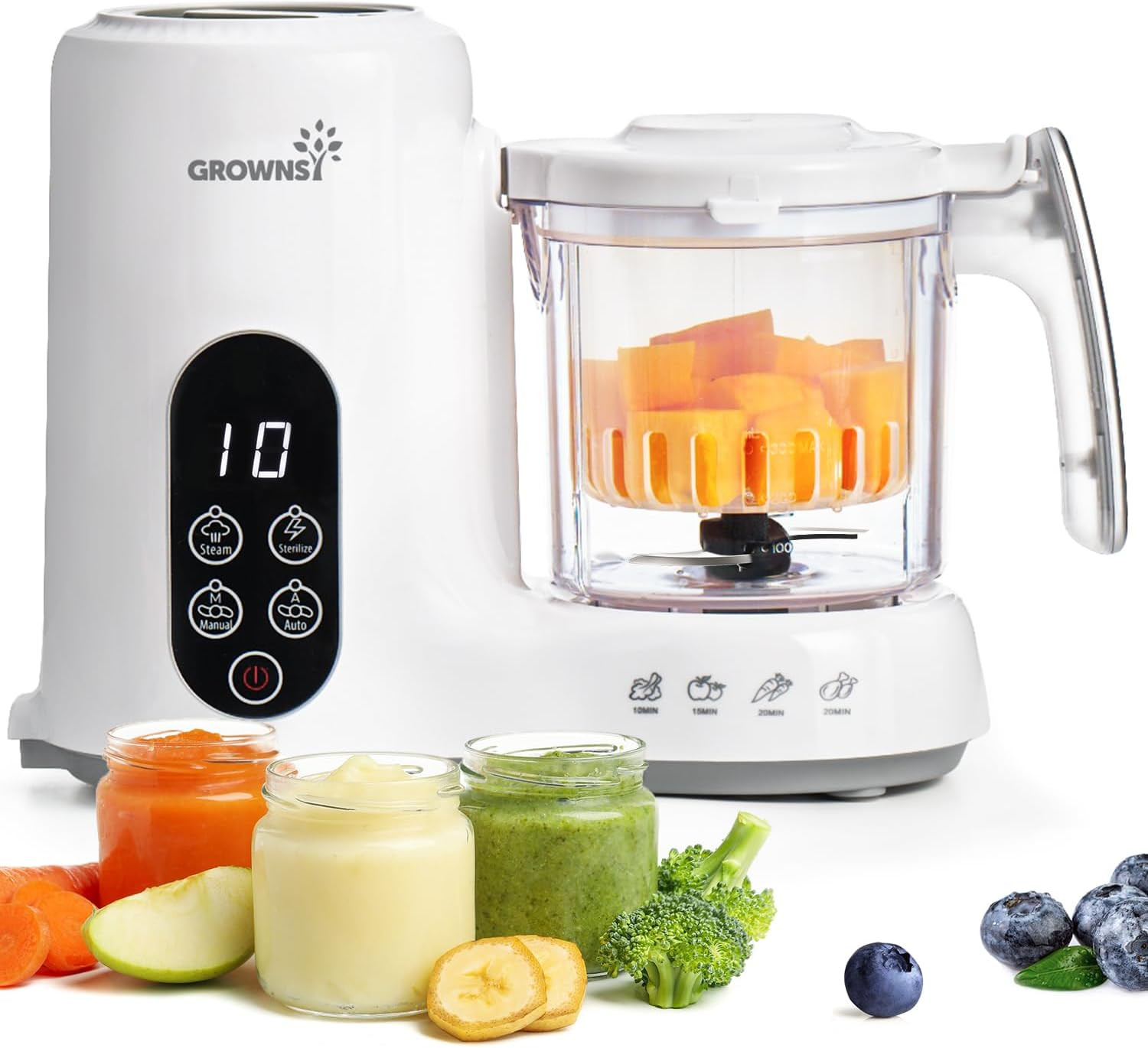 Grownsy Baby Food Maker with Steam Basket, One Step Baby Food Processor Steamer Puree Blender Grinder Mills Machine, Auto Cooking Grinding and Sterili-zing for Healthy Homemade Baby Food, White | Amazon (US)