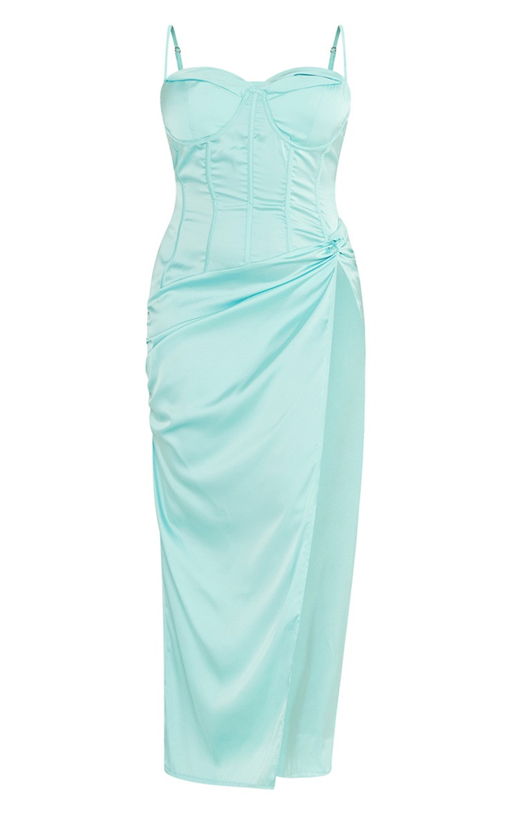 Plus Aqua Satin Drape Bust Midi Dress | PrettyLittleThing US