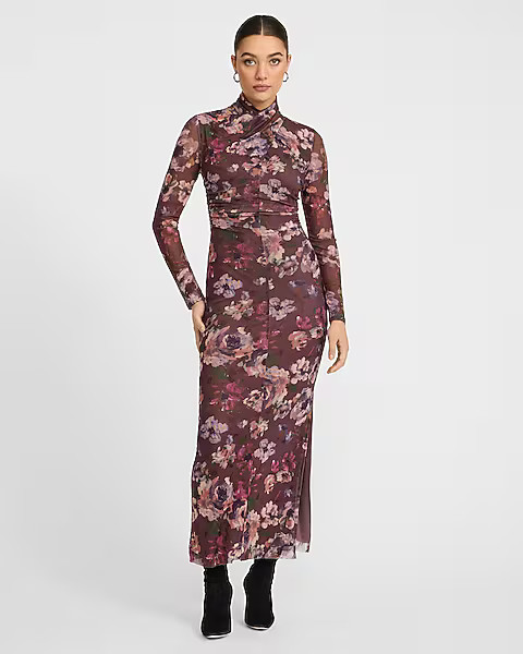 Floral Mesh Twist Mock Neck Ruched Maxi Dress | Express