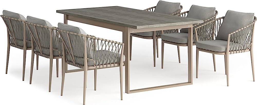 SIMPLIHOME Belize 7 Piece Outdoor Dining Set in Sand Drift Polyester Fabric | Amazon (US)