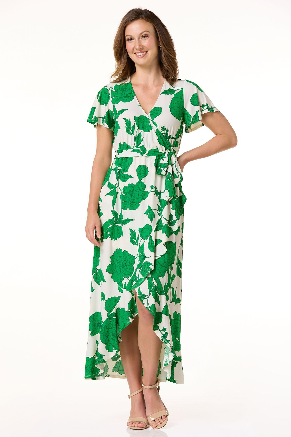 Ruffled Emerald Floral Dress | Cato Fashions