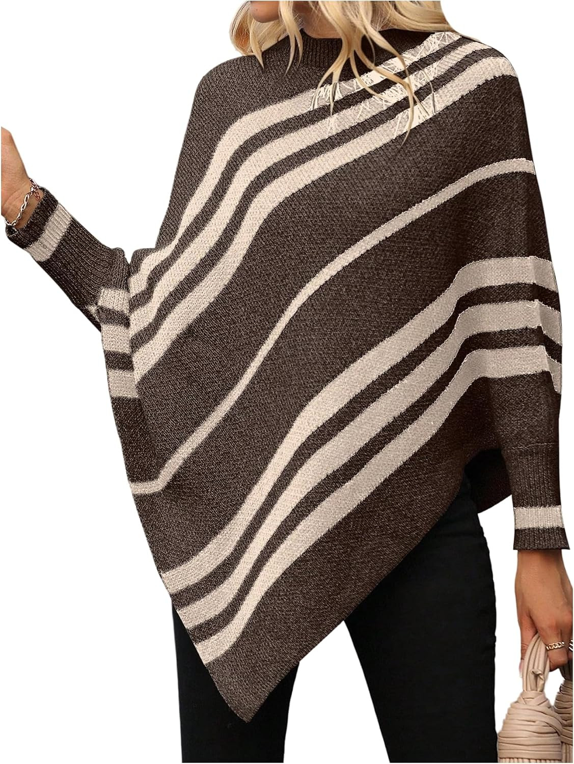 Milumia Women's Striped Mock Neck Knitted Poncho Sweater Asymmetrical Tops | Amazon (US)