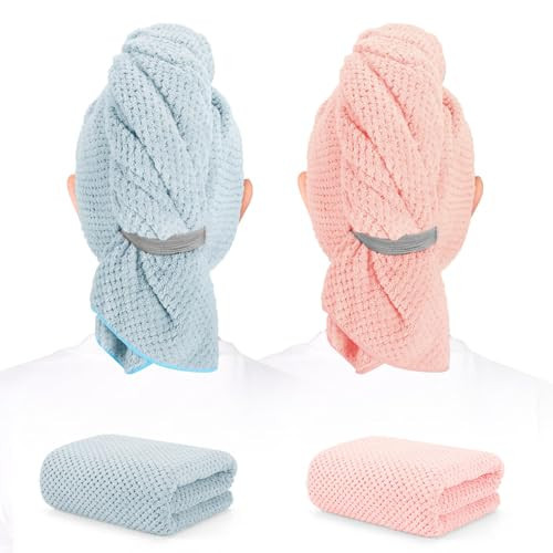 BEoffer 2 Pack Microfiber Hair Towel - 41 x 24 inches Super Soft, Absorbent, Fast Drying Without Frizz Hair Towel Wrap for Women Long, Thick, Curly Hair - Hair Turbans with Elastic Strap | Amazon (US)