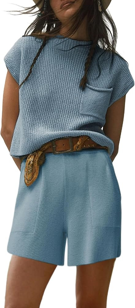 Bianstore Women's Two Piece Outfits Knit Sweater Set Solid Pullover Tops and Elastic Waist Short ... | Amazon (US)