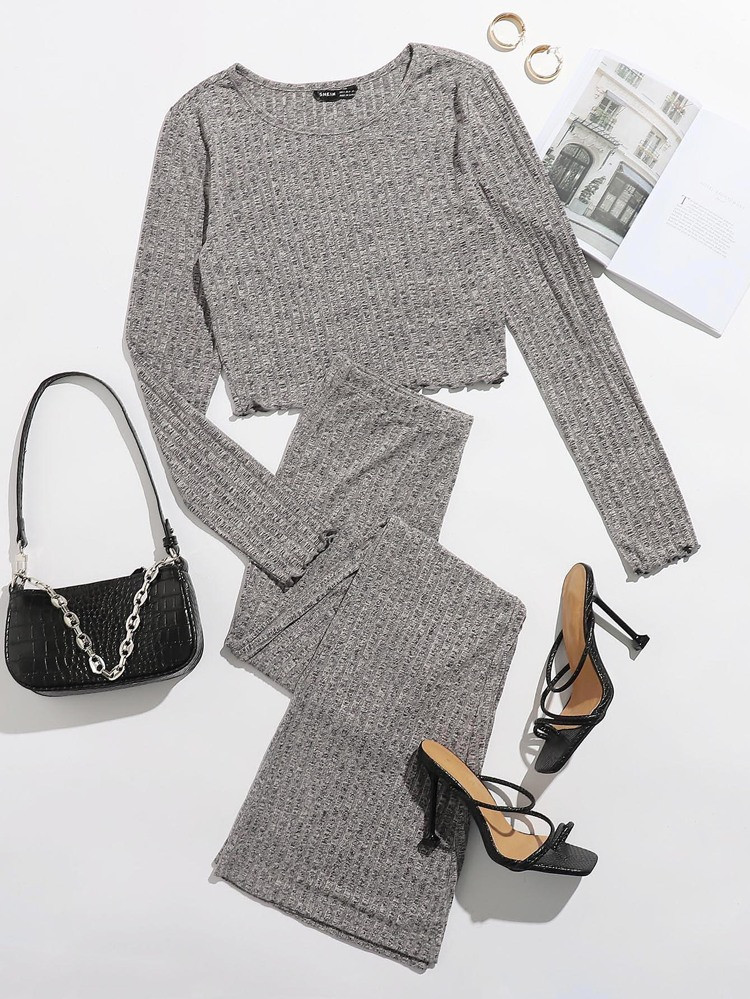 SHEIN Lettuce Trim Rib-knit Crop Top & Flare Leg Pants Set | SHEIN
