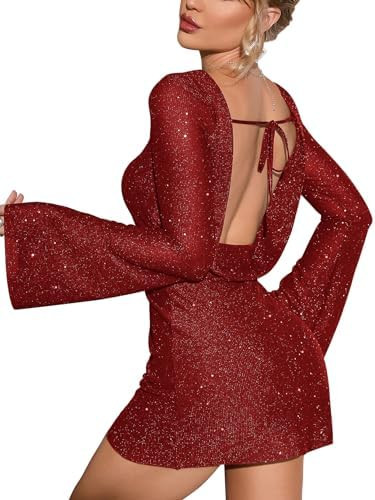 EYNMIN Sparkly Sequin Mini Dress Long Sleeve Backless Tie Glitter Short Going Out Dresses for Wom... | Amazon (US)