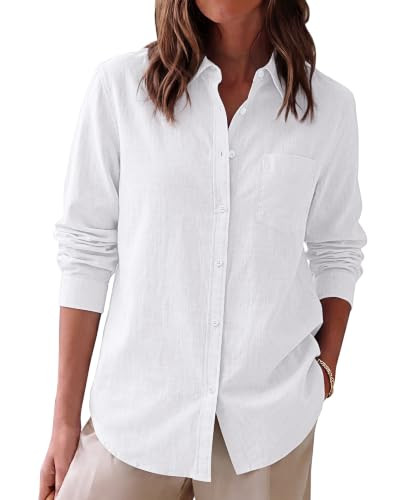 siliteelon Womens Button Down Shirt Linen Button Up Shirts for Women Long Sleeve Summer Shirt Collared Blouse Linen Tops White | Amazon (US)