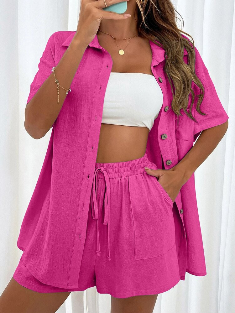 SHEIN Unity Patched Pocket Drop Shoulder Shirt & Knot Front Shorts | SHEIN