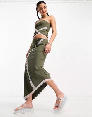 COLLUSION lace trim bengaline bandeau and skirt in khaki | ASOS (Global)