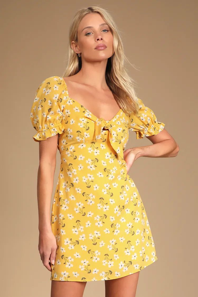 Blooming Bouquet Yellow Floral Lace-Up Tie-Front Mini Dress | Lulus (US)