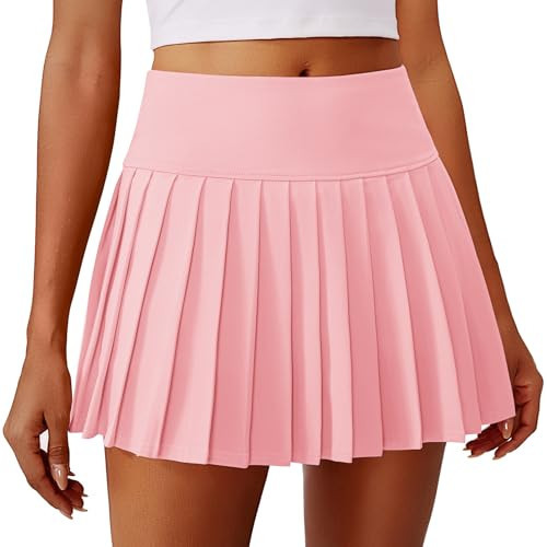 PINSPARK Pleated Skirts for Women High Waisted Tennis Skort with Shorts Tummy Control Golf Skorts Quick Dry Skater Skirt, Pink XS | Amazon (US)