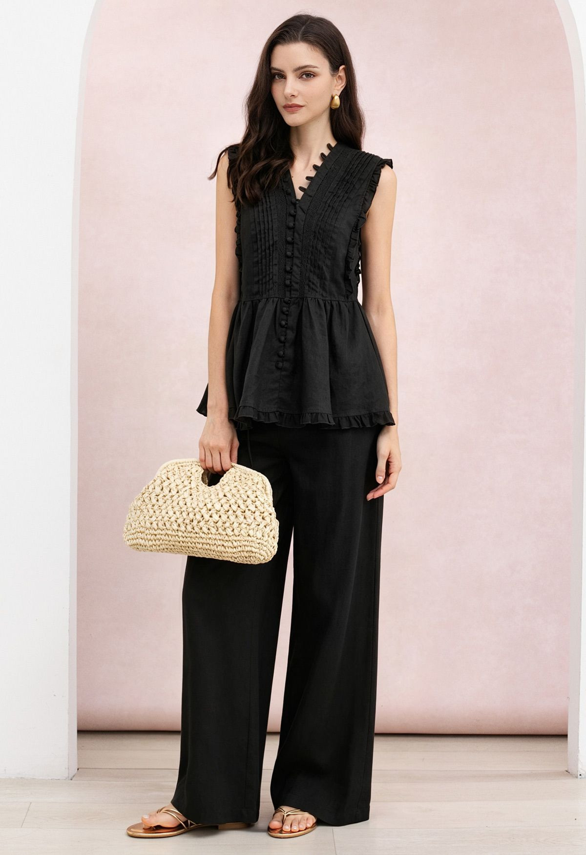 Button-Front Pintuck Peplum Top and Palazzo Pants Set in Black for Gatherings & Daytime Events | Chicwish