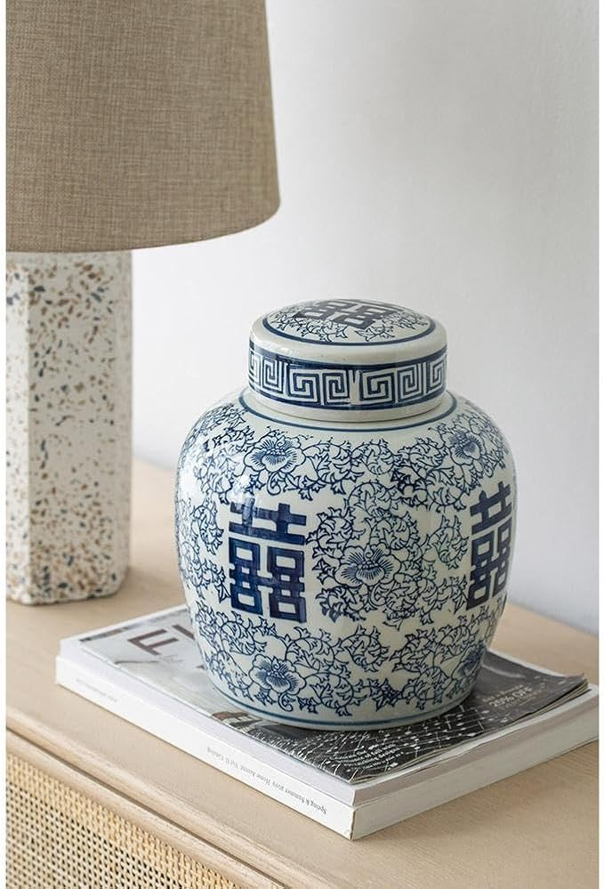 D8"x9.5" Oriental Blue and White 100% Porcelain Lidded Jar Vase With Floral Pattern For Storage H... | Amazon (US)