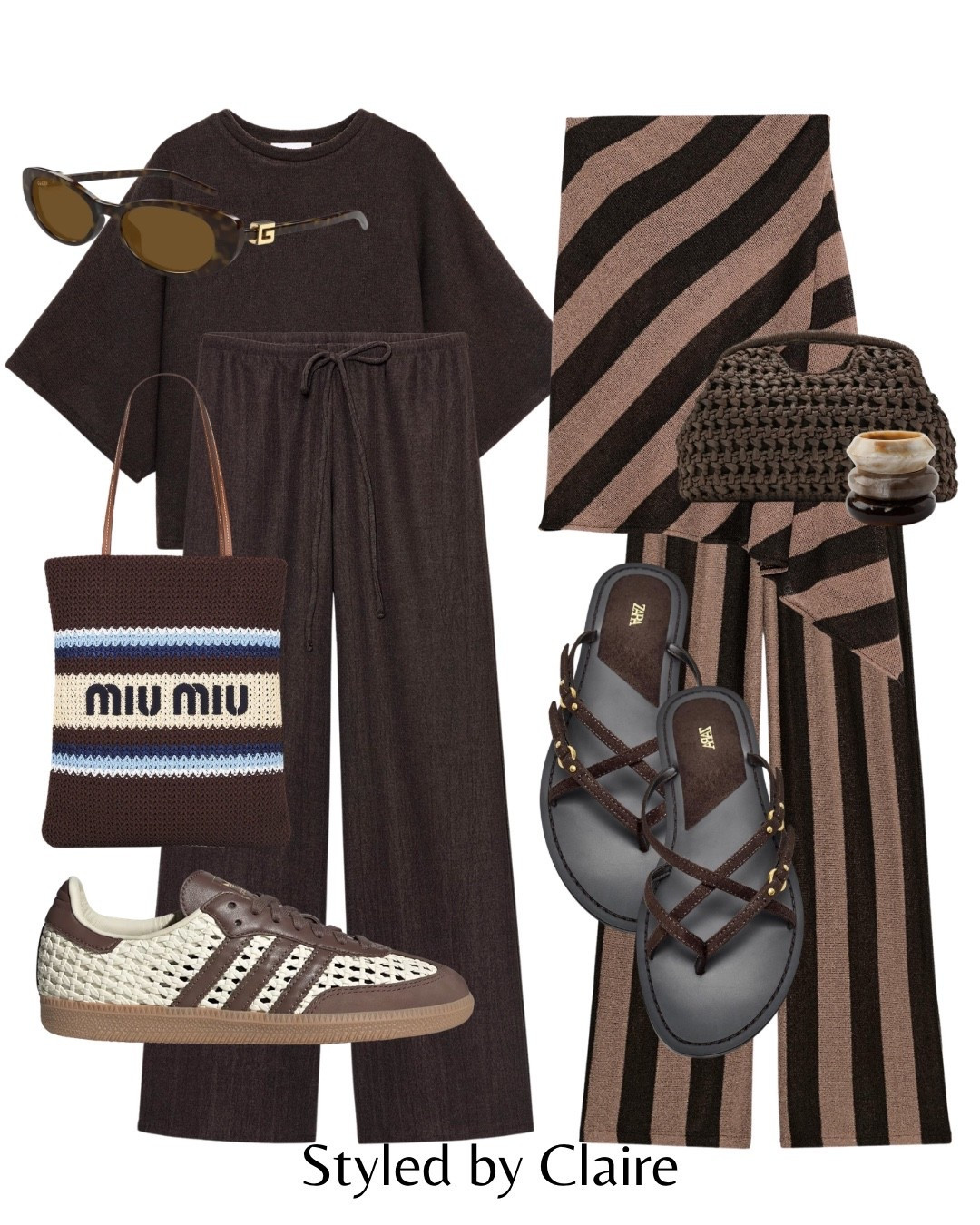CHIC BROWN SETS🤎
Tags: new in Zara chocolate rustic top tshirt bandeau drawstring trousers stripe sandals adidas raffia trainers miu miu bag woven mango resin bracelets fashion city break inspo outfit ideas cool girl airport style ootd

#LTKspring #LTKstyletip #LTKsummer