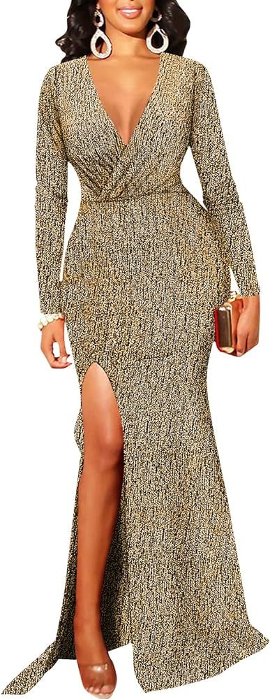 Women's Long Sleeve Maxi Long V Neck Dress       
Material: Polyester, Spandex 

Occasion: Party | Amazon (US)