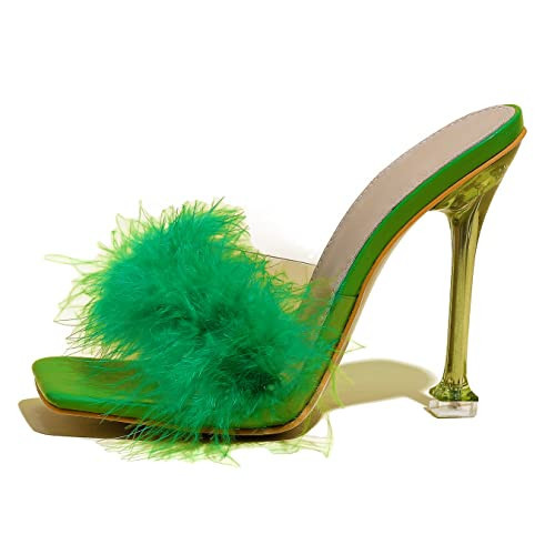 azmodo Women Feather Clear PVC Slippers Square Toe Stilettos Slides Transparent Crystal High Heels Sandals Mules Party Shoes Glass Heels (Green, 7.5) | Amazon (US)