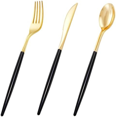 I00000 60 Pack Gold Silverware Set with Black Handle,Heavy Duty Black Plastic Cutlery Include 20 ... | Amazon (US)